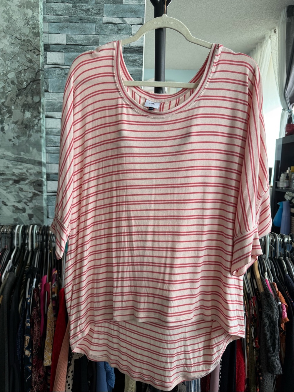 Casual Striped Dolman Sleeve Top - Pink/White